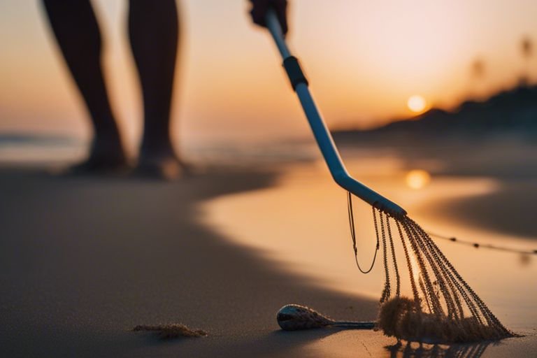 Angler using sand flea rake on beach at low tide