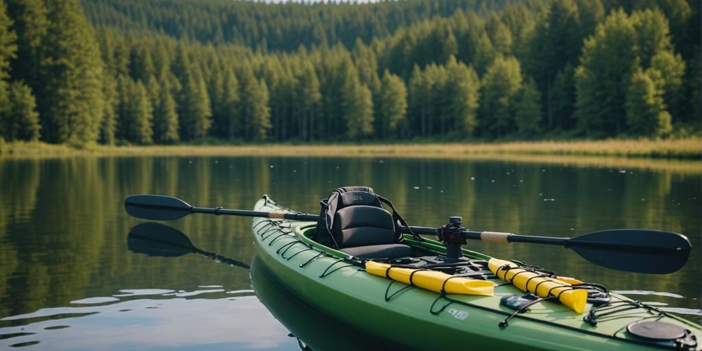 Kayak on a calm lake with fishing gear including rods, tackle boxes, and a fish finder.