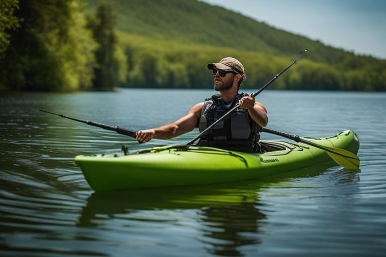 Person using green kayak for fishing