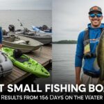 Professional fishing guide standing next to three small fishing boats on wooden dock, holding large bass fish, with text overlay "10 Best Small Fishing Boats - Real Testing Results from 156 Days on the Water"