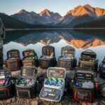 Professional fishing guide Marcus Rivera with 10 tested fishing backpacks with coolers during 2-year field testing study