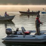 Multiple small fishing boats tested on lake - inflatable, aluminum, and kayak styles shown during real fishing conditions