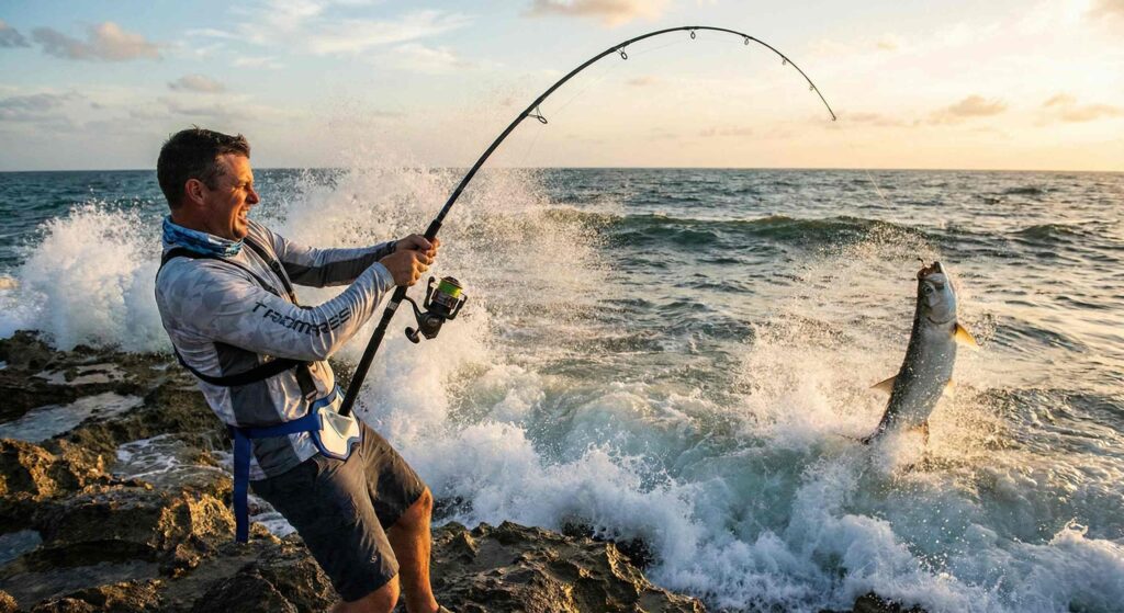 Angler fighting fish with saltwater spinning reel, bent rod showing drag system under pressure