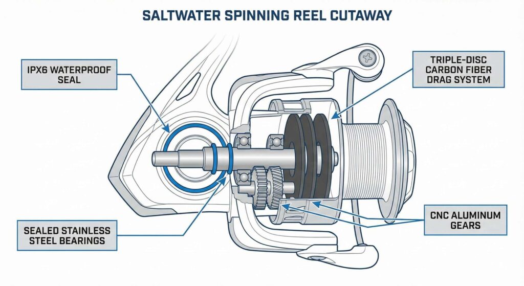 Cutaway diagram showing sealed bearings, waterproof gaskets, and carbon drag washers in a saltwater spinning reel