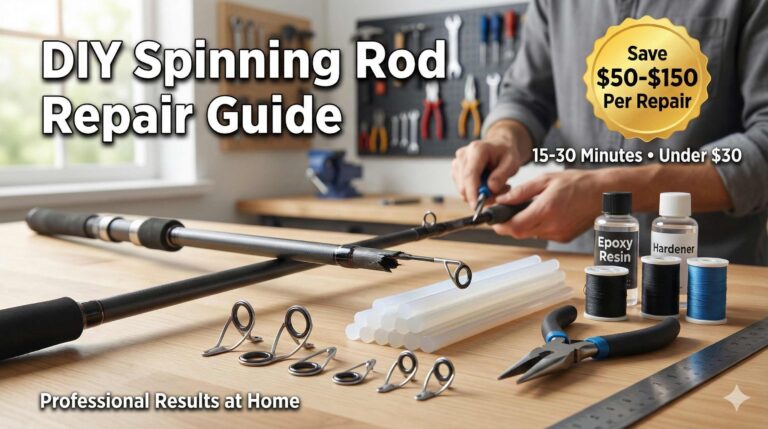 Professional fishing rod repair workspace showing spinning rod being repaired with key tools and text overlay highlighting DIY cost savings