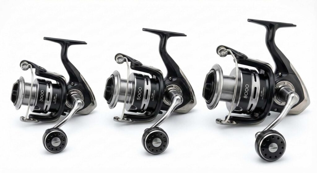 Side-by-side comparison of three spinning reels showing size differences (3000, 5000, 8000)